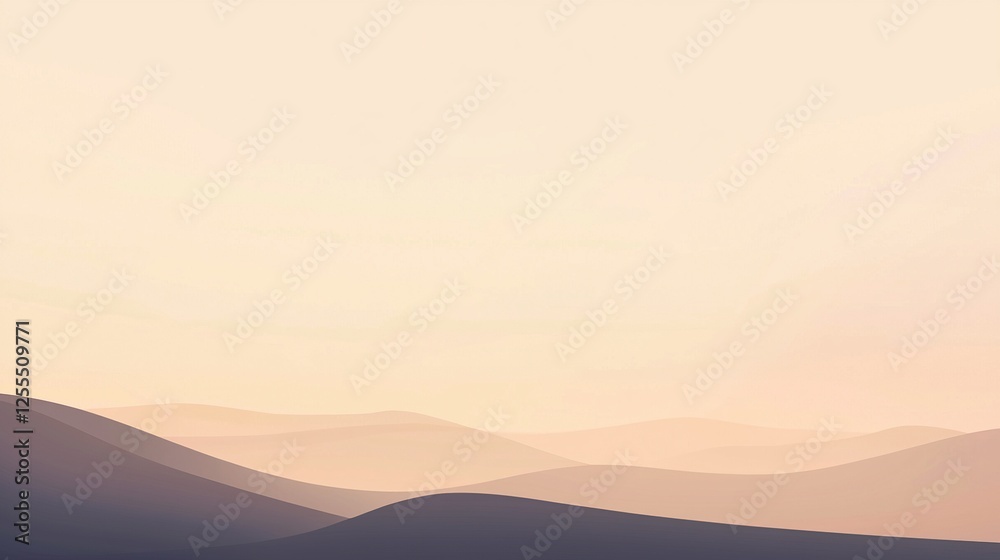Obraz premium Soft hues in a serene desert landscape during twilight, showcasing gentle rolling dunes beneath a hazy sky