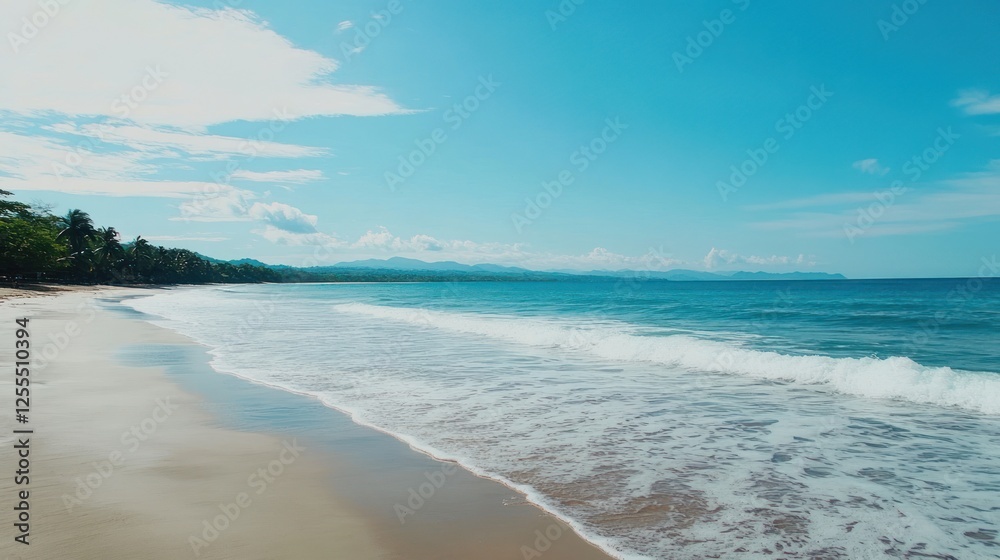 Tranquil Beach Scene: Ocean Waves on Sandy Shoreline with Distant Mountains Tranquil Beach Scene: Ocean Waves on Sandy Shoreline with Distant Mountains