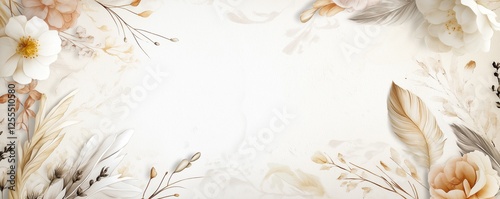 Soft pastel watercolor flowers and feathers in the corners. Suitable as romantic wedding card template, invitation card or digital banner with copy space.