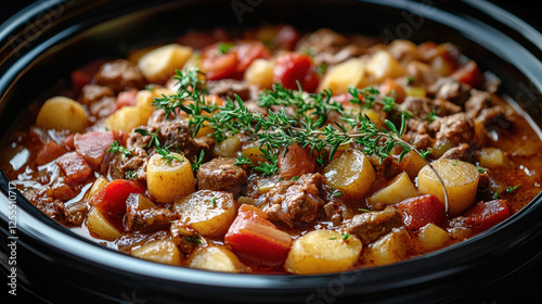 Home cooking scene with a slow cooker and fresh ingredients being prepped for a stew photo