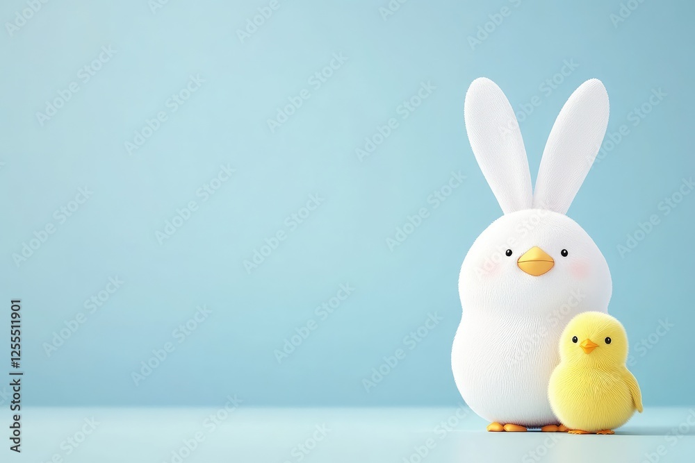 Fototapeta premium Cute cartoon bunny and chick standing together on a soft blue background