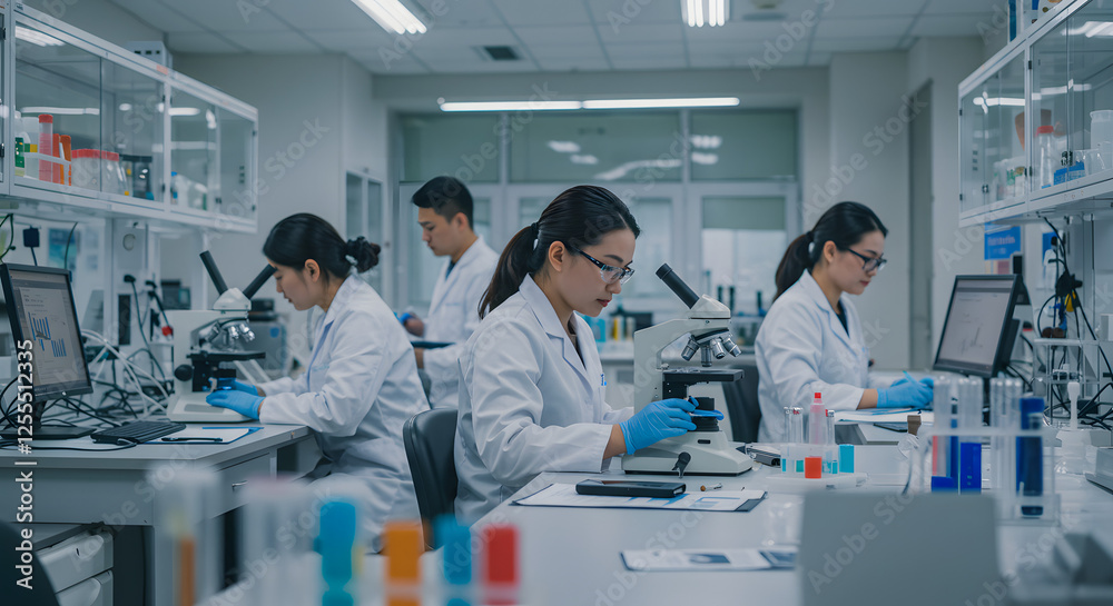 Scientists working in laboratory with microscope conducting experiments and research Scientists working in laboratory with microscope conducting experiments and research