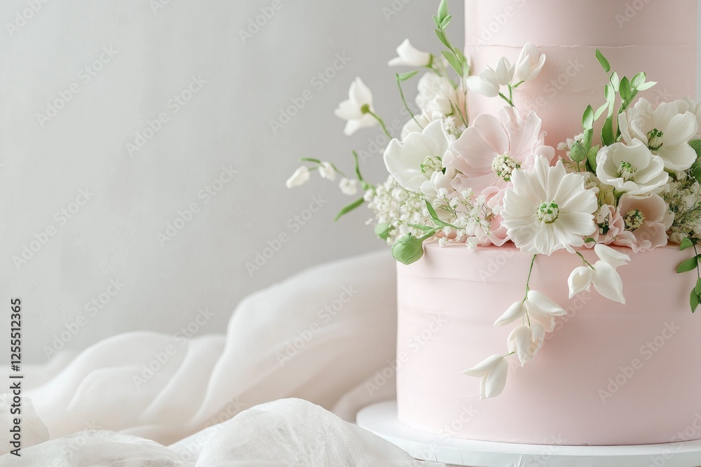 Fototapeta premium Closeup of elegant pastel pink wedding cake with delicate sugar flowers, set against soft gray background for minimalist design, copy space for text. 