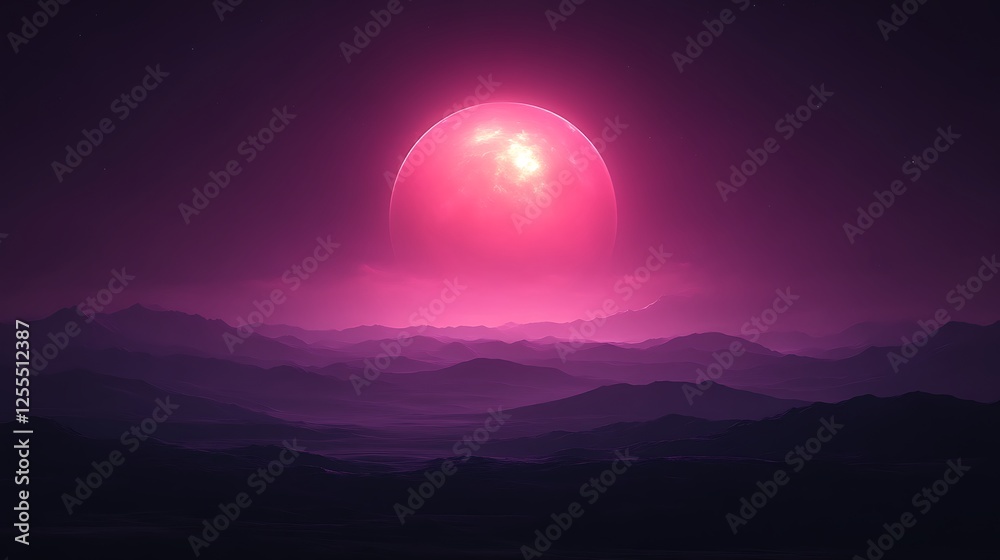 Fototapeta premium Pink Celestial Body Over Purple Mountain Range