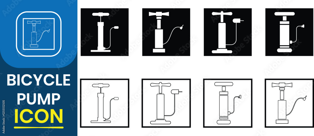 Silhouette of air pump symbol. Air pump icon set. Bicycle pump icon vector set. Bicycle or bike tube air feeler device set. Hand operated portable tire pump vector. Vector illustration. Silhouette of air pump symbol. Air pump icon set. Bicycle pump icon vector set. Bicycle or bike tube air feeler device set. Hand operated portable tire pump vector. Vector illustration.