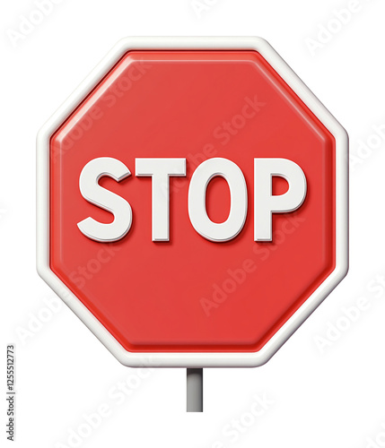 3d red stop sign with white lettering, cute cartoon sytle. Stop traffic sign, warning signage octagon. Isolated on transparent background.
