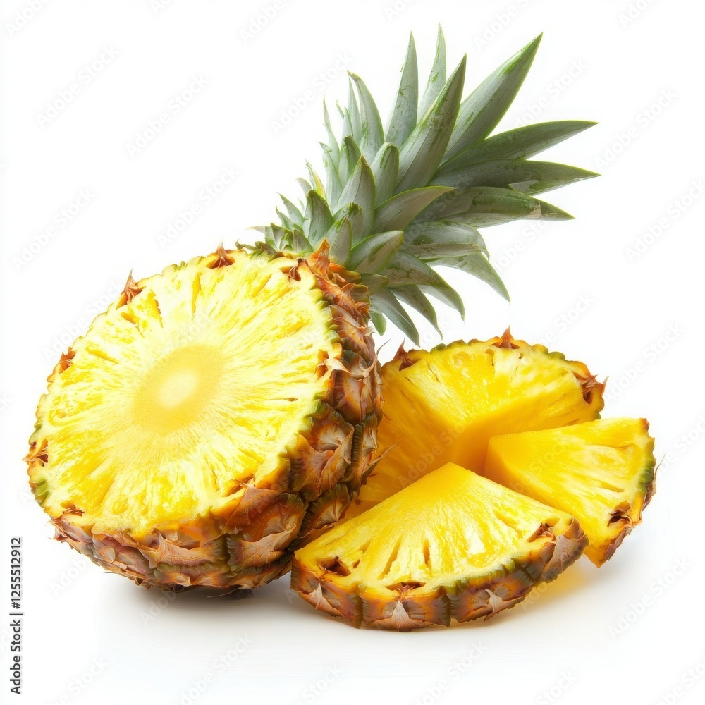 Fresh Pineapple Slices Against White Background