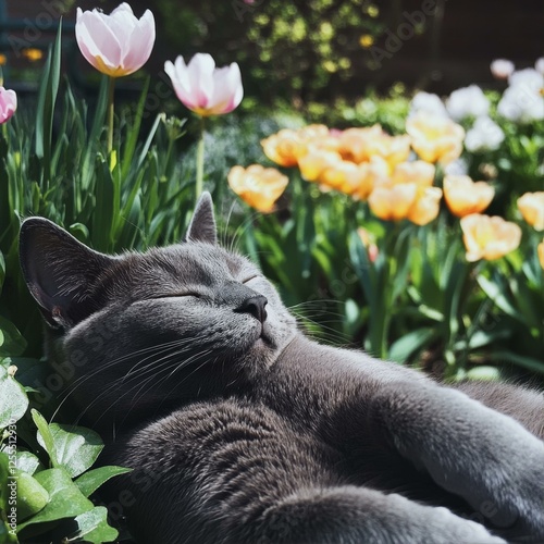 Relaxing Cat Napping Peacefully Among Spring Flowers in a Garden Filled with Sunshine and Tranquility photo