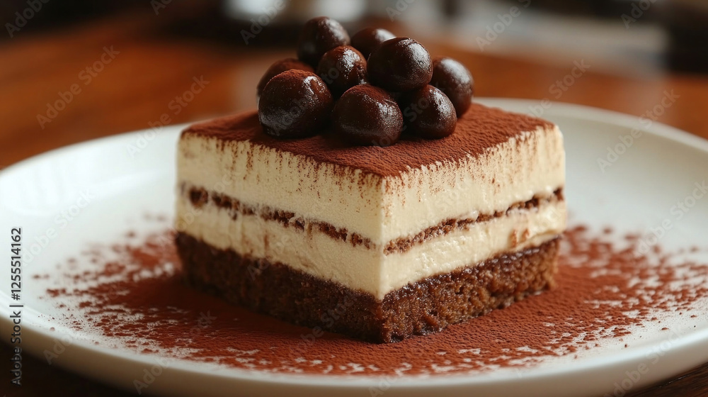 Italian food featuring tiramisu garnished with cocoa powder and coffee beans Italian food featuring tiramisu garnished with cocoa powder and coffee beans