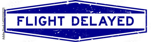 Grunge blue flight delayed word hexagon rubber seal stamp on white background