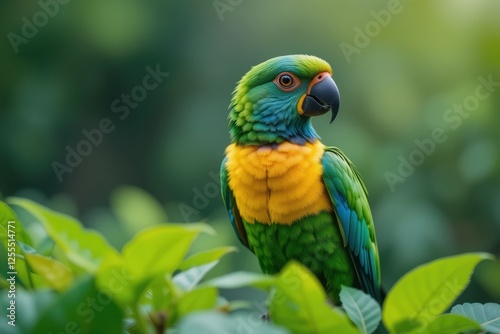 Colorful Parrot Perched on Green Leaves Outdoors