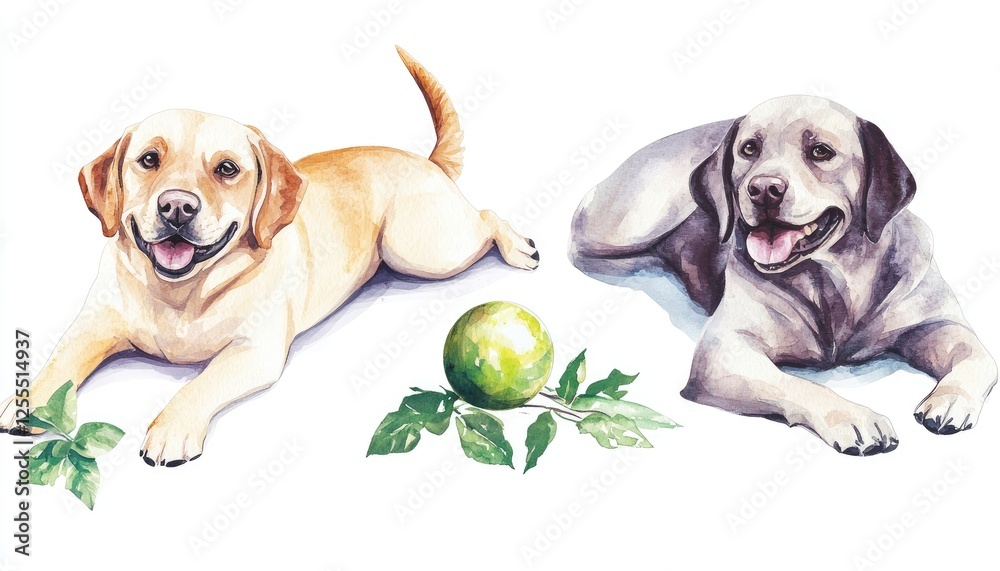Two playful dogs lying on a white surface with a green ball and leaves nearby Two playful dogs lying on a white surface with a green ball and leaves nearby