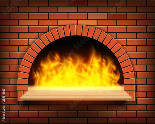 Wood burning oven with flame inside. Cooking pizza and baking. Vector illustration.