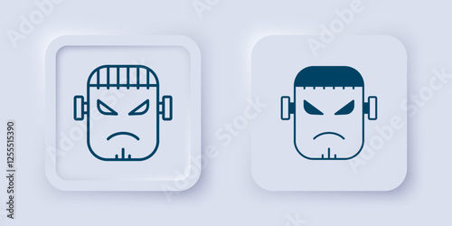 Filled and outline Scary monster - Frankenstein face icon isolated on grey background. Happy Halloween party. Square button. Vector
