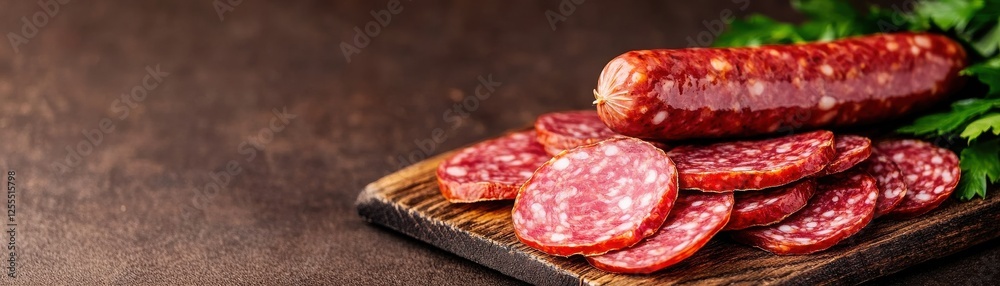 Delicious cured sausage slices arranged on a wooden board, showcasing rich colors and textures, perfect for culinary presentations. Delicious cured sausage slices arranged on a wooden board, showcasing rich colors and textures, perfect for culinary presentations.