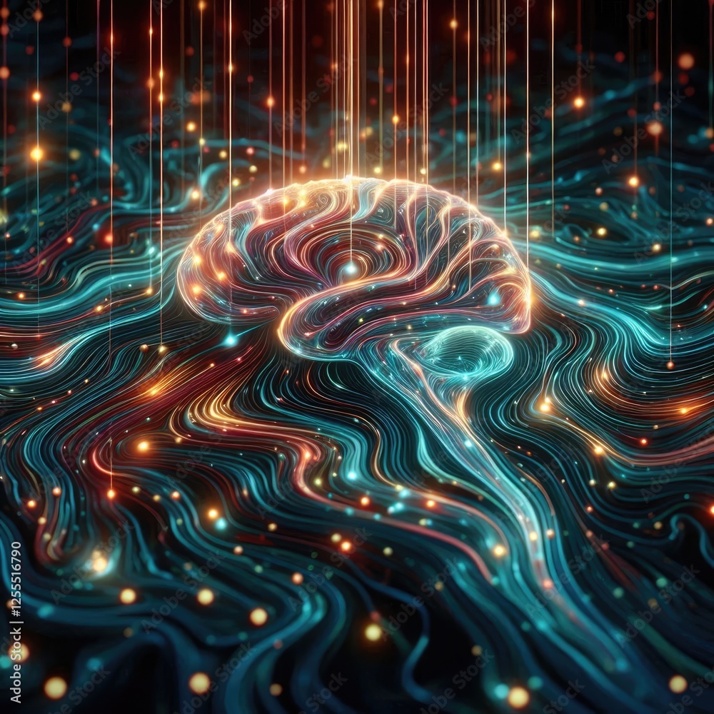 Obraz premium illustration of glowing liquid substance in hologram spectral color palette make 3D Illustration of human brain nerve tracts based on magnetic resonance imaging (MRI) data. Generative Art 