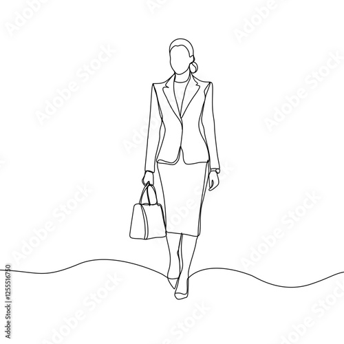 Business woman line art illustration. Continuous single line drawing of woman walking in blazer suit. Vector art illustration.