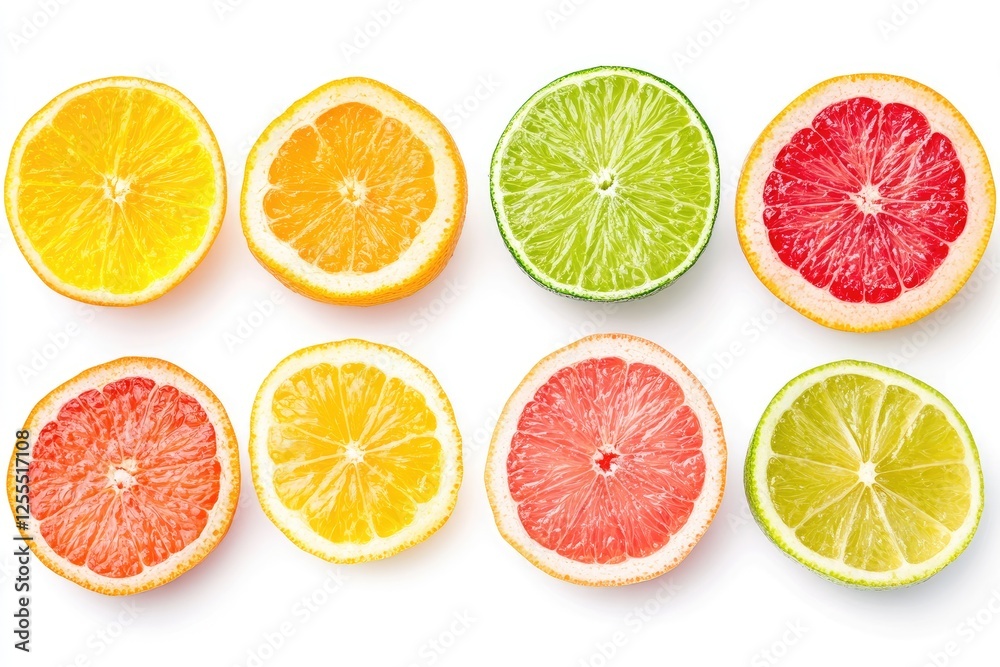 Vibrant assortment of citrus fruit slices displayed on a clean white background Vibrant assortment of citrus fruit slices displayed on a clean white background