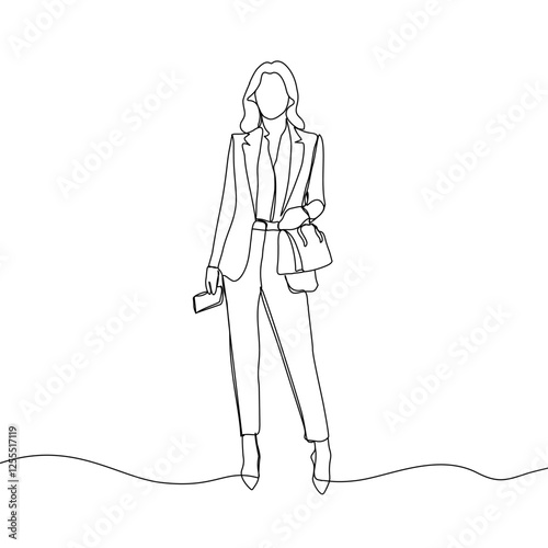 Business woman line art illustration. Continuous single line drawing of woman walking in blazer suit. Vector art illustration.