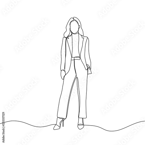 Business woman line art illustration. Continuous single line drawing of woman walking in blazer suit. Vector art illustration.