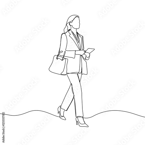 Business woman line art illustration. Continuous single line drawing of woman walking in blazer suit. Vector art illustration.