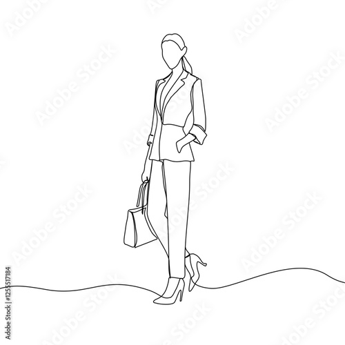 Business woman line art illustration. Continuous single line drawing of woman walking in blazer suit. Vector art illustration.