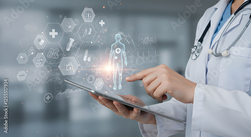 Doctor Using Tablet for Medical Technology and Patient Healthcare Solutions
