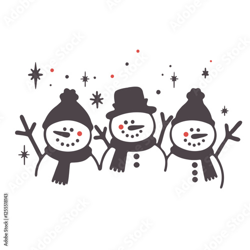  Three snowmen standing side by side, each with a smiling face