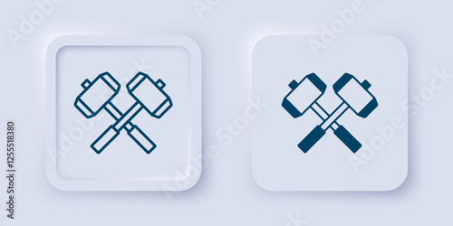 Filled and outline Medieval crossed battle hammers icon isolated on grey background. Square button. Vector