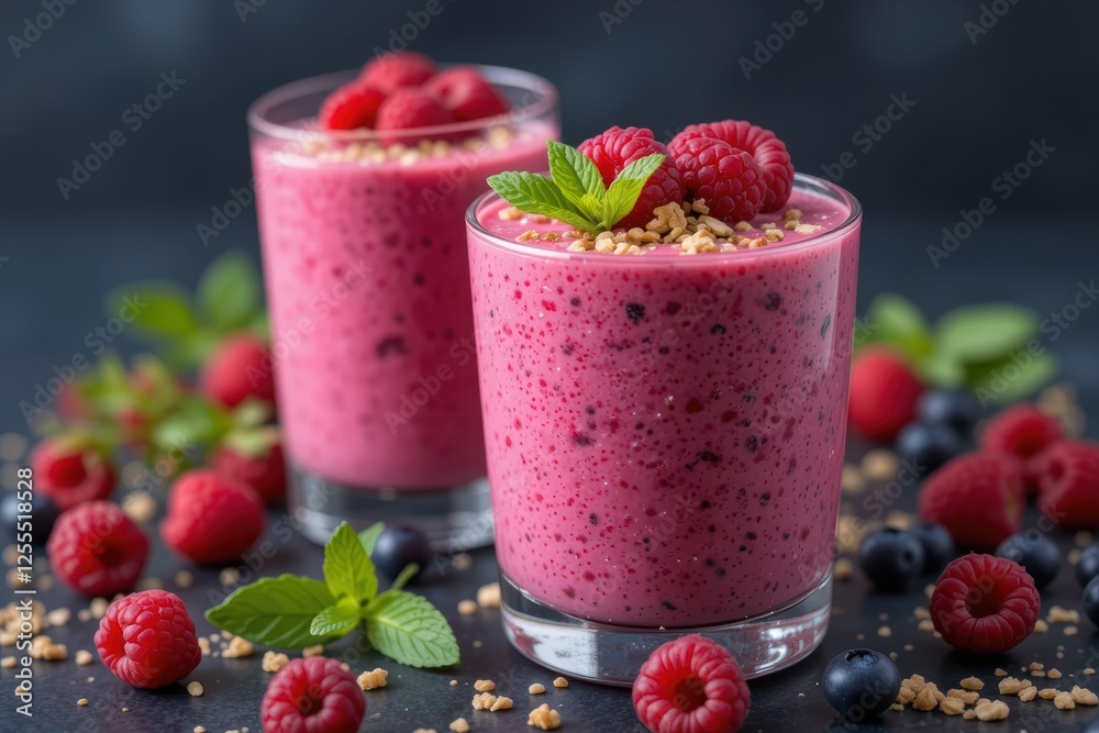 Two glasses of raspberry blueberry smoothie with granola Two glasses of raspberry blueberry smoothie with granola