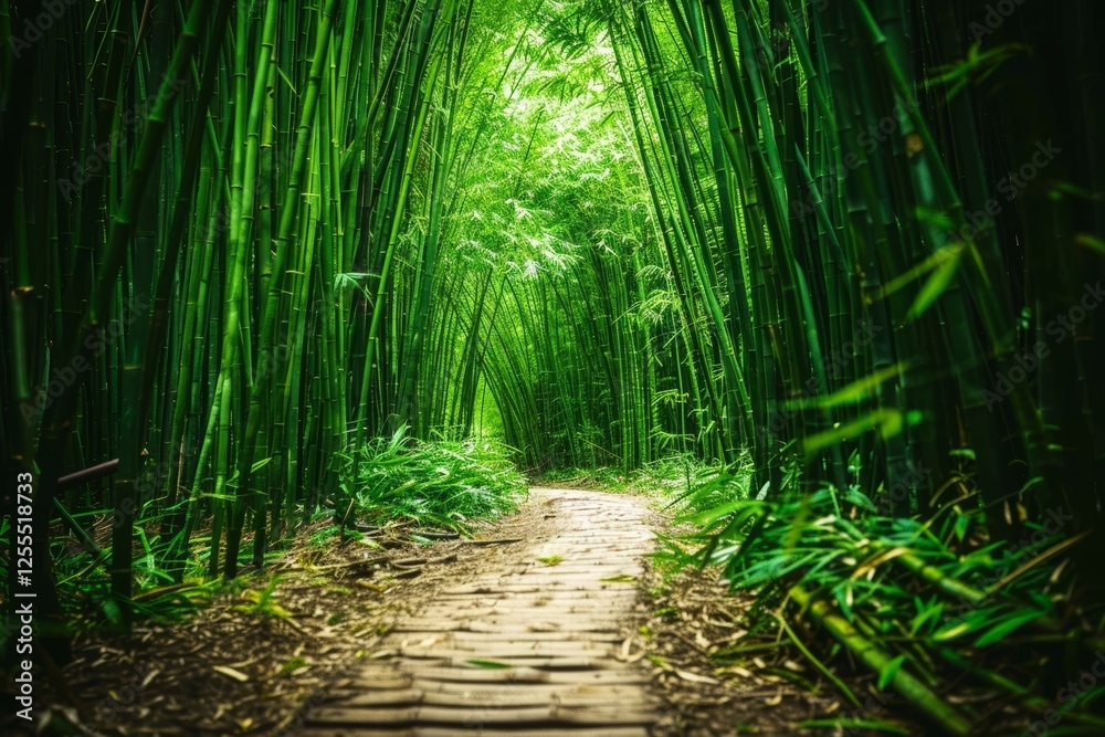 Obraz premium Pathway Through a Lush Bamboo Forest With Vibrant Green Foliage and Serene Atmosphere at Midday