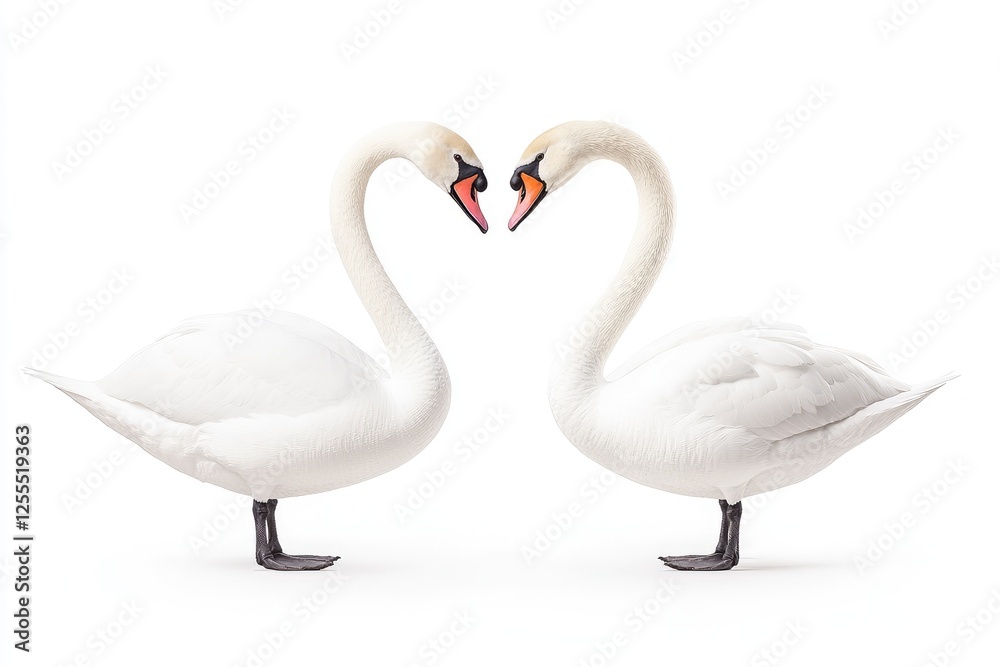 Obraz premium Two elegant swans forming a heart shape while standing on a white background