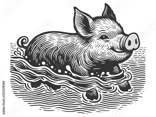 Wallpaper Mural Swimming Pig engraving sketch raster illustration Torontodigital.ca