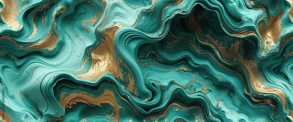 Fototapeta premium Swirling patterns of teal and gold form a captivating abstract background, emphasizing fluid art's intricacy and elegance