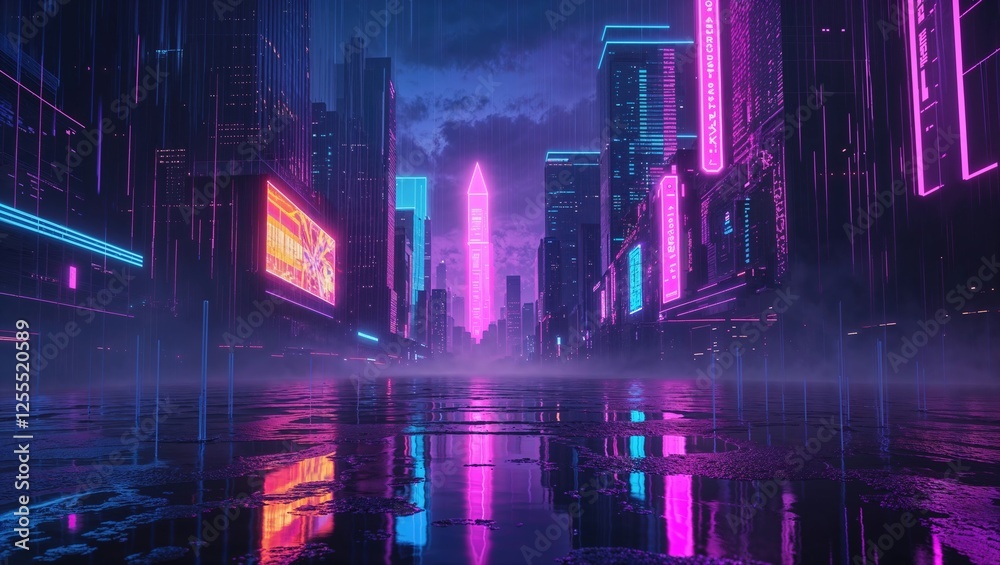 Naklejka premium Neon lights illuminate a sleek urban environment while rain creates mesmerizing reflections on the ground, enhancing the futuristic atmosphere and intricate details of the scene