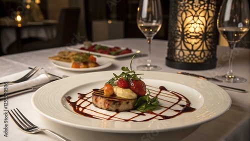 gourmet dish served on a stylish white plate, beautifully plated with artistic sauce drizzles, elegant table setting photo