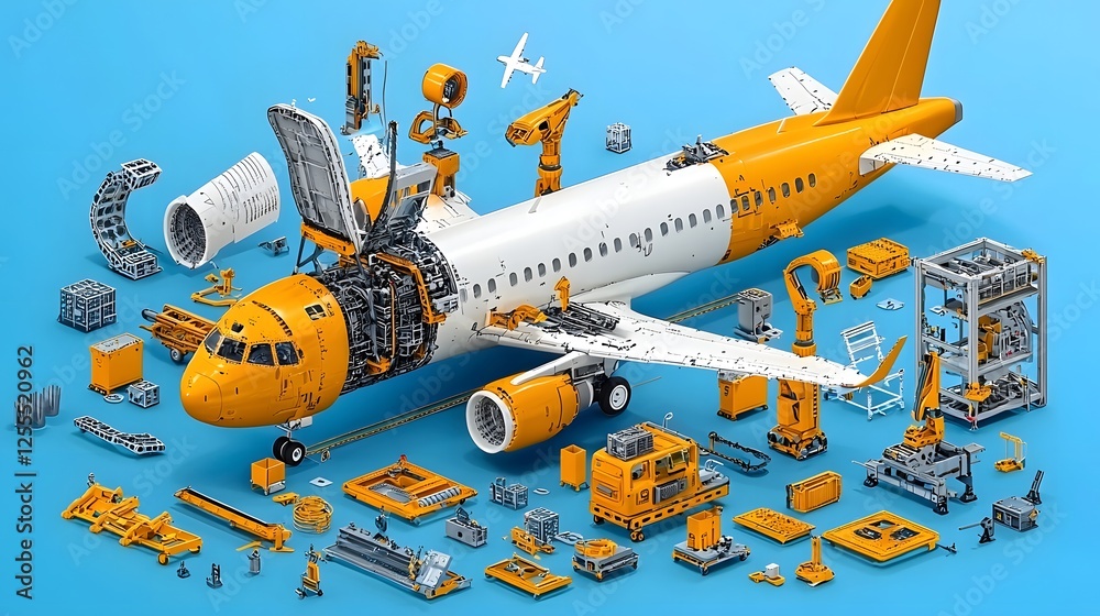 Isometric of a comprehensive aerospace manufacturing facility with various aircraft parts components and assembly lines Isometric of a comprehensive aerospace manufacturing facility with various aircraft parts components and assembly lines
