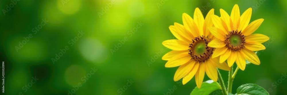 Obraz premium Bright yellow sunflowers against a lush green leafy background, garden, sunshine