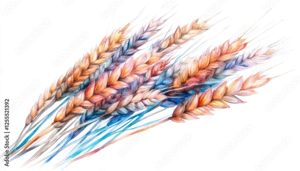 Colorful wheat sheaves arranged artistically on a white background, showcasing nature's beauty Colorful wheat sheaves arranged artistically on a white background, showcasing nature's beauty