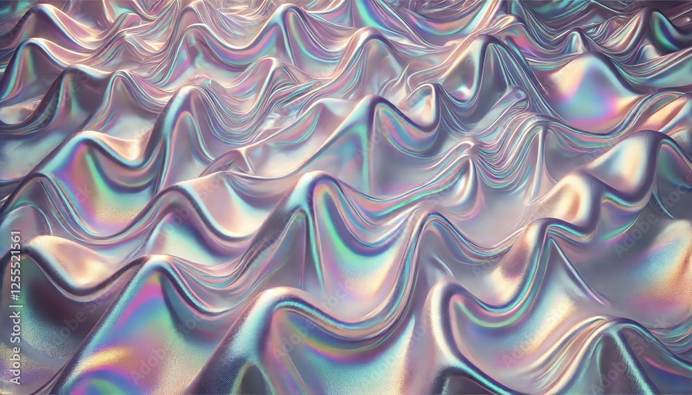Obraz premium A flowing, silky fabric surface with a pearlescent, iridescent effect featuring soft waves, with a metallic touch to enhance the reflective quality