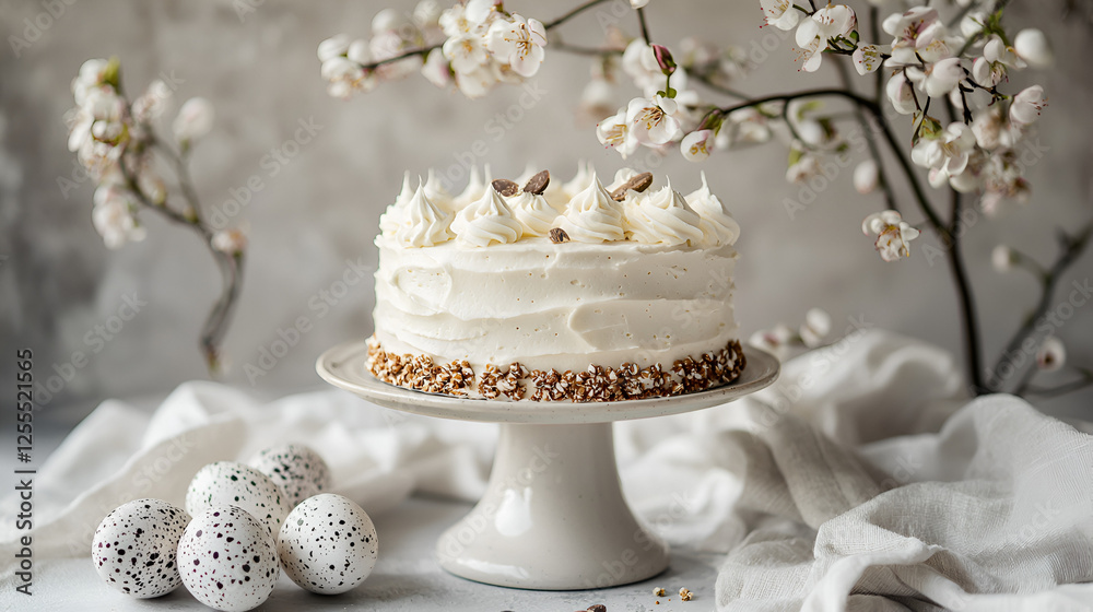 Fototapeta premium Celebratory cake with buttercream frosting, springtime blooms, and speckled eggs for a festive occasion.