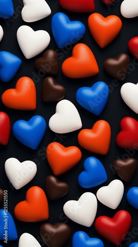 Hearts in red, white, brown, and blue colors on a black background, mobile wallpaper, Valentine's Day concept.