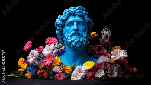 A blue sculpture depicting the head and shoulders of the Greek god Zeus, surrounded by colorful flowers against a black background.