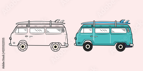 Surfing camper van vector illustration. Van vector line art