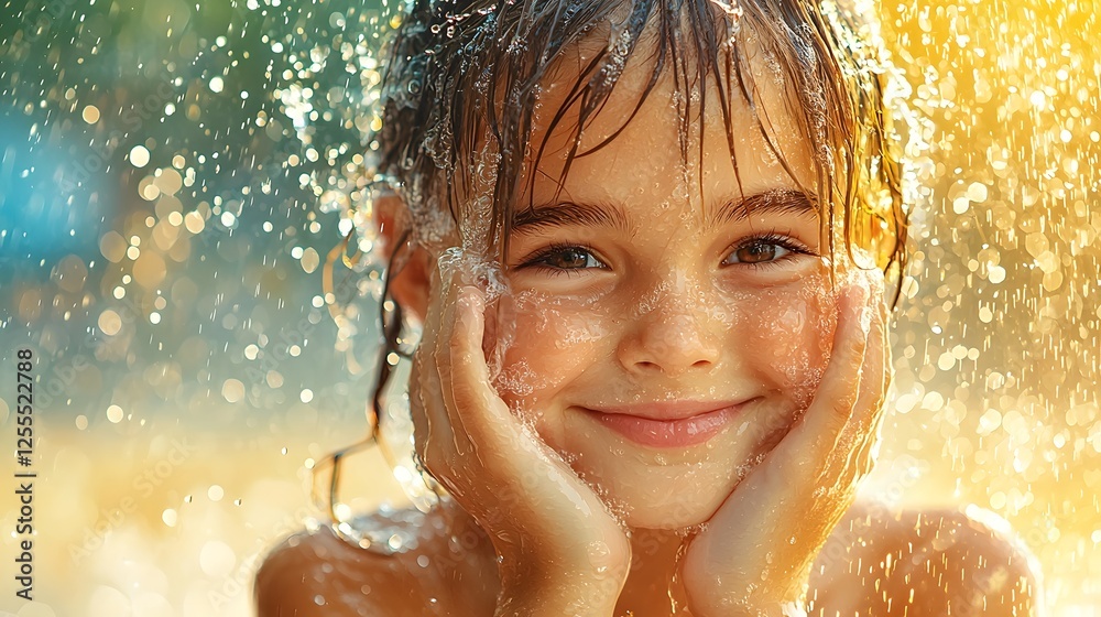 Obraz premium Joyful cheerful young woman with a bright smile splashing refreshing water on her face in the morning sunshine enjoying a moment of self care and wellness outdoors