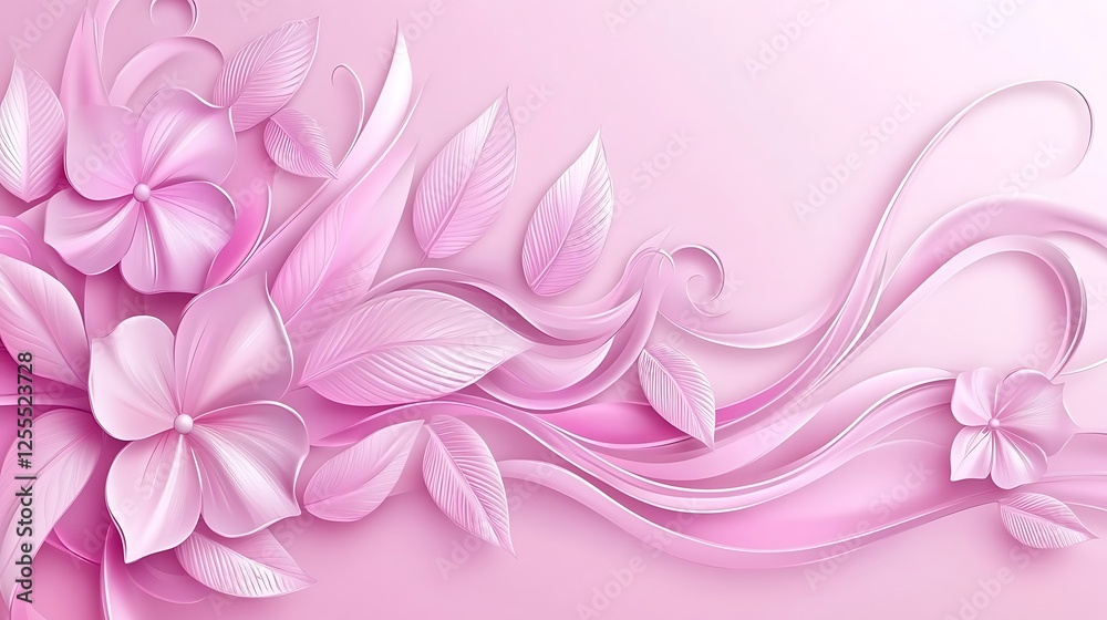 Obraz premium Delicate Pink Flowers and Leaves Swirling Design