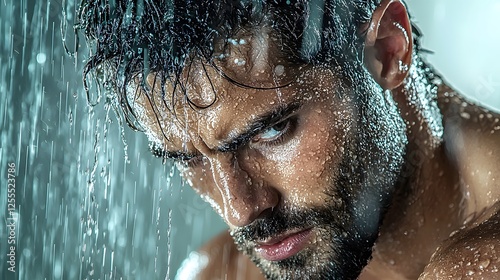 Macro shot of water droplets cascading over a man s rugged face as he stands in a steamy shower creating a refreshing and invigorating moment of personal grooming and self care photo