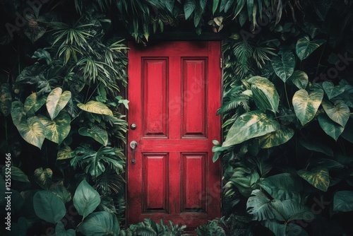 Vibrant red door amidst lush greenery in a tropical jungle setting photo