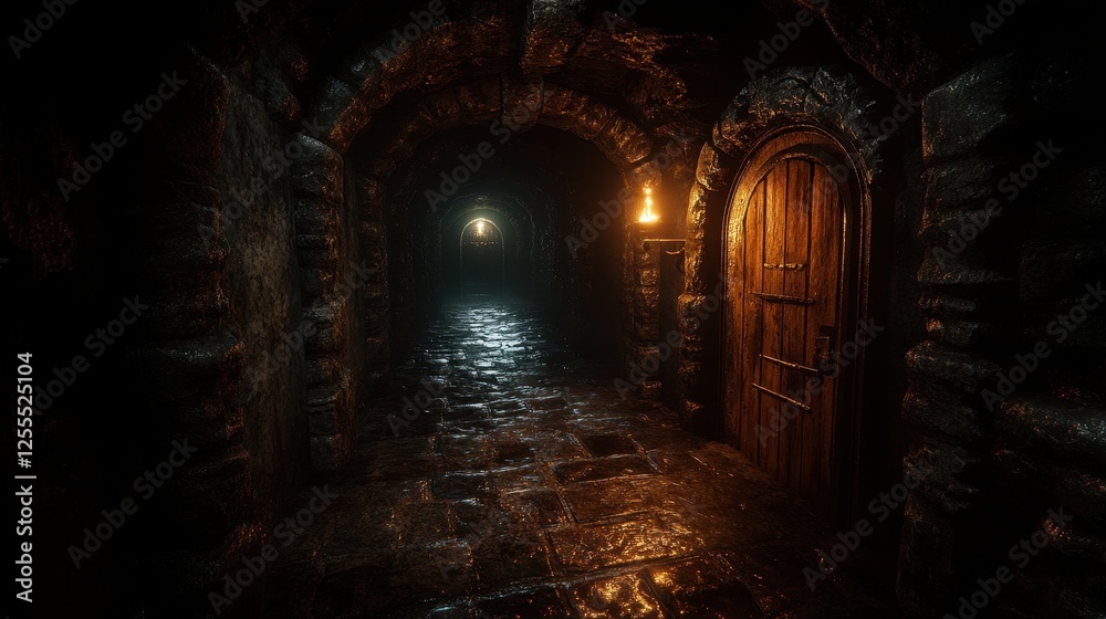 Obraz premium Dark, stone corridor with arched ceiling, ancient wooden door. Ideal for fantasy, horror, or mystery game backgrounds.