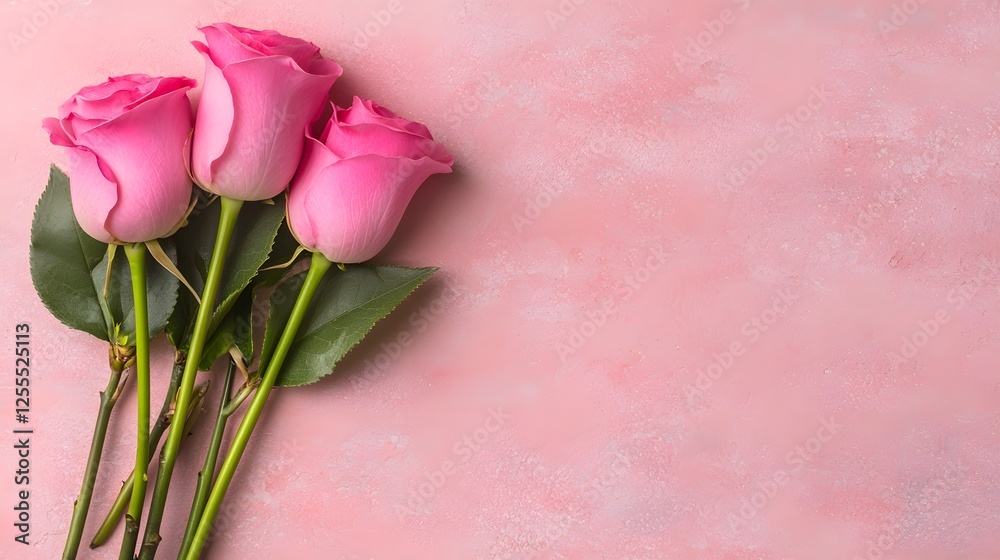 Fototapeta premium Three Elegant Pink Roses on Soft Pink Background for Floral Design